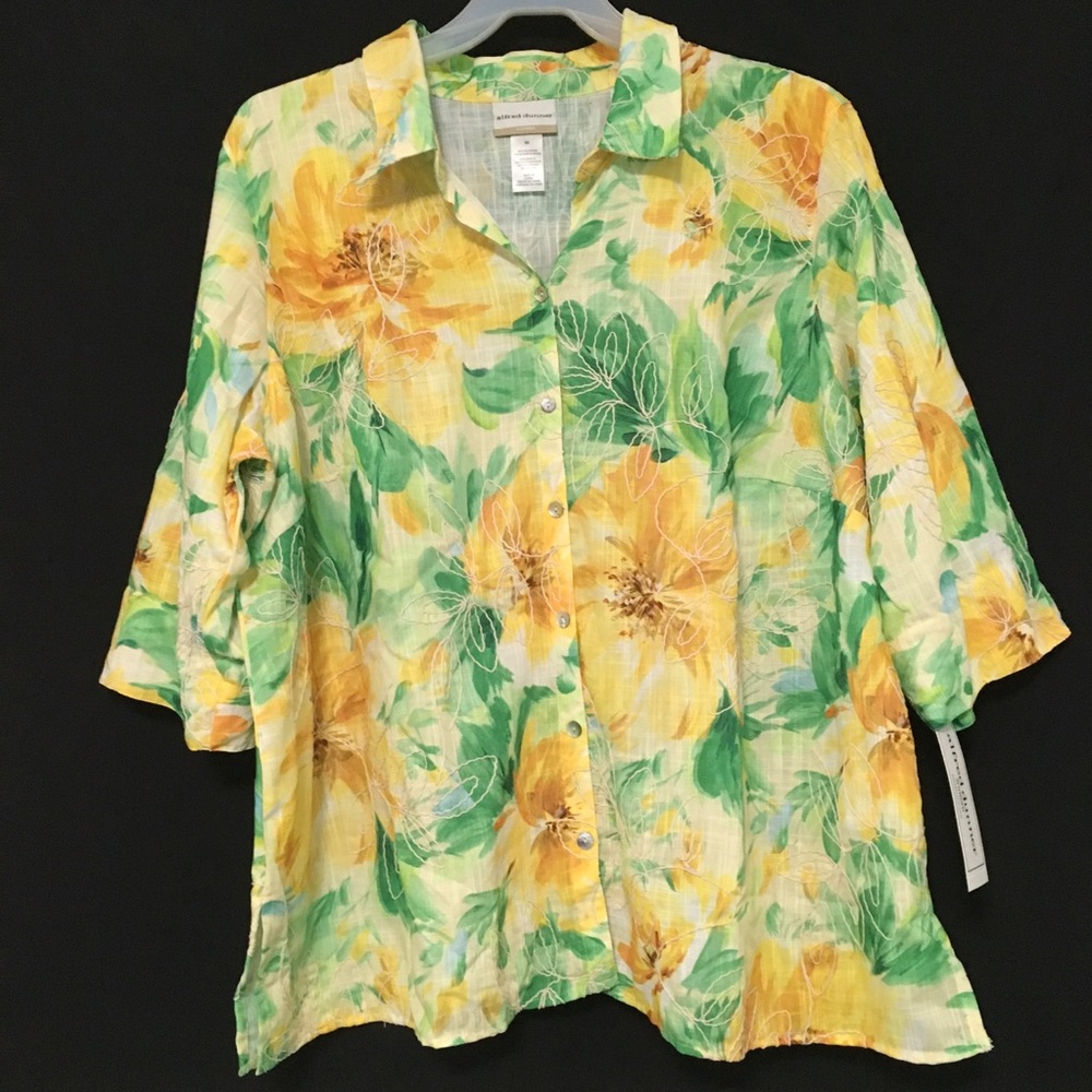 Alfred Dunner Plus Size 3X Yellow Floral Button Front 3/4 Sleeve Top NWT